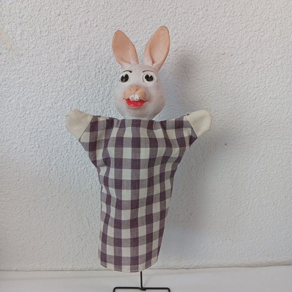 Vintage Hazelle Rubber Face Rabbit Hand Puppet Purple Check Cloth Body